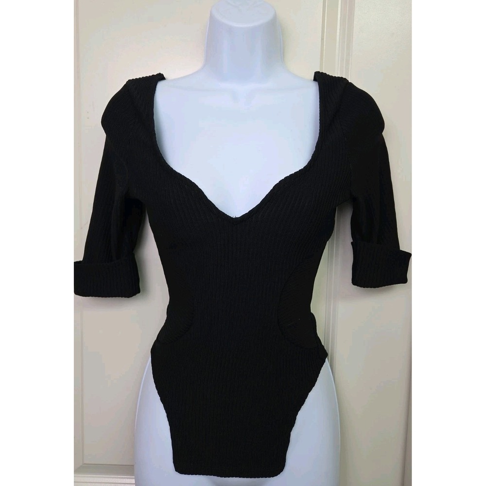 Maniere De Voir Bodysuit Sweetheart Neckline Sleeves Open Bottom Size US 2 Black